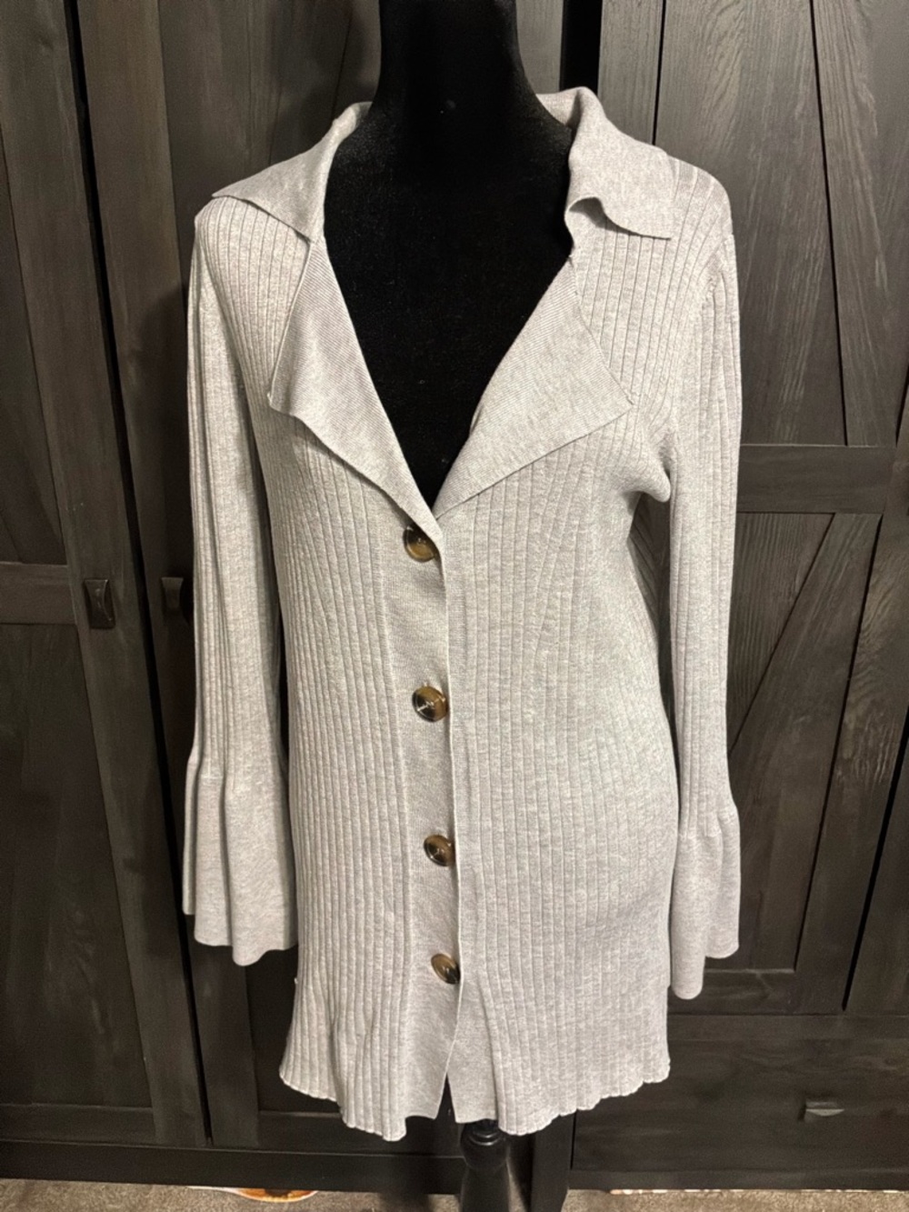 Pink Rose Light Gray Ribbed Button-Front Cardigan with Flared Sleeves